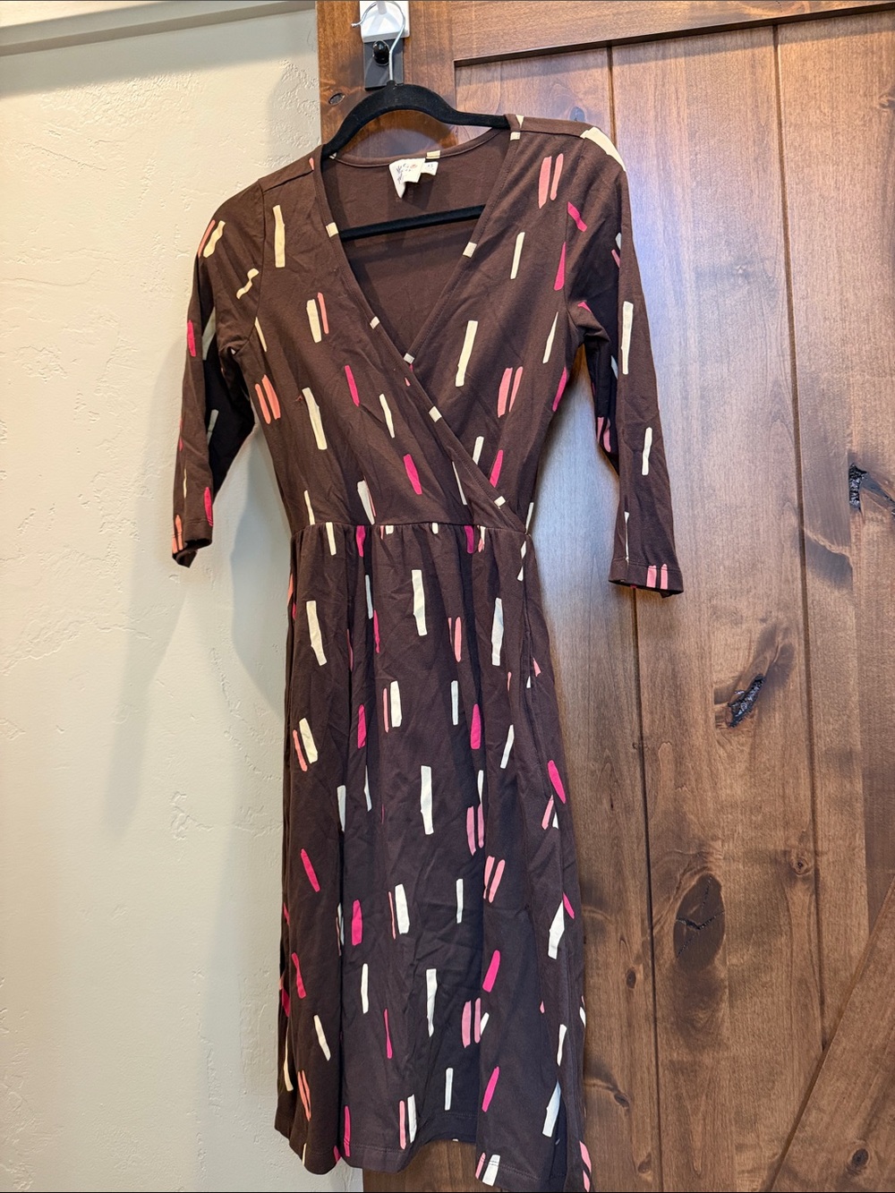 Mata Traders Brown Wrap Dress with Pink & Cream Dash Print
